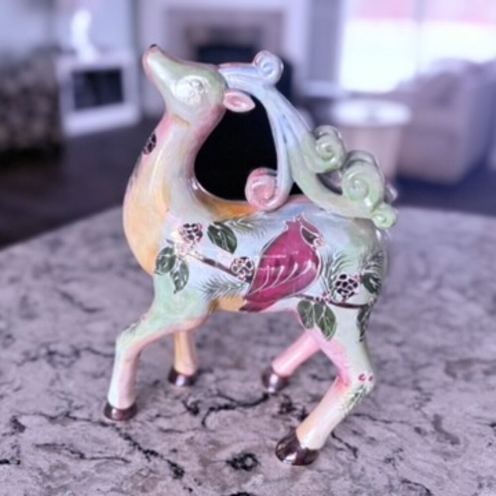 Hand Painted Lusterware Reindeer Figurines: Iridescent Christmas Transferware